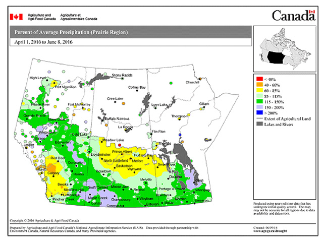 Agriculture and Agri-Food Canada&#039;s Percent of Average Precipitation chart for the Prairie Region for the April 1 to June 8 period shows the driest areas of the Prairies in the central and southern regions of Alberta and northern areas of Saskatchewan. (DTN graphic by Scott R Kemper)